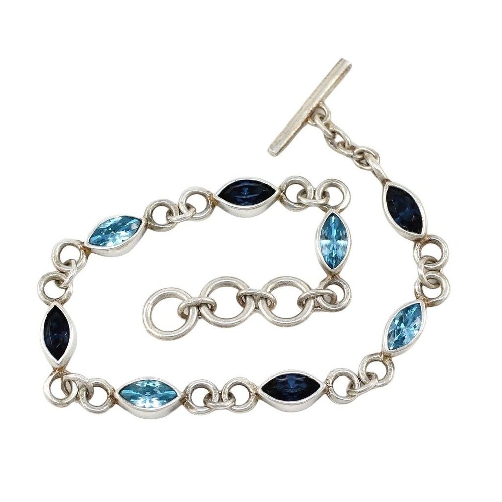 Solid Sterling Silver Blue Cz Toggle Chain Bracel… - image 1